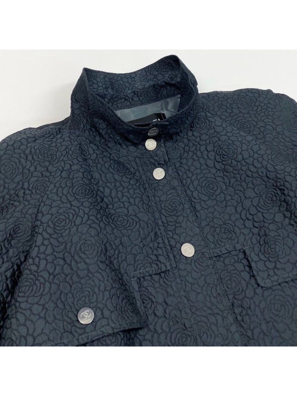 Chanel Camellia CC Logo Navy Polyester Silk Coat A3 - Picture 5 of 9